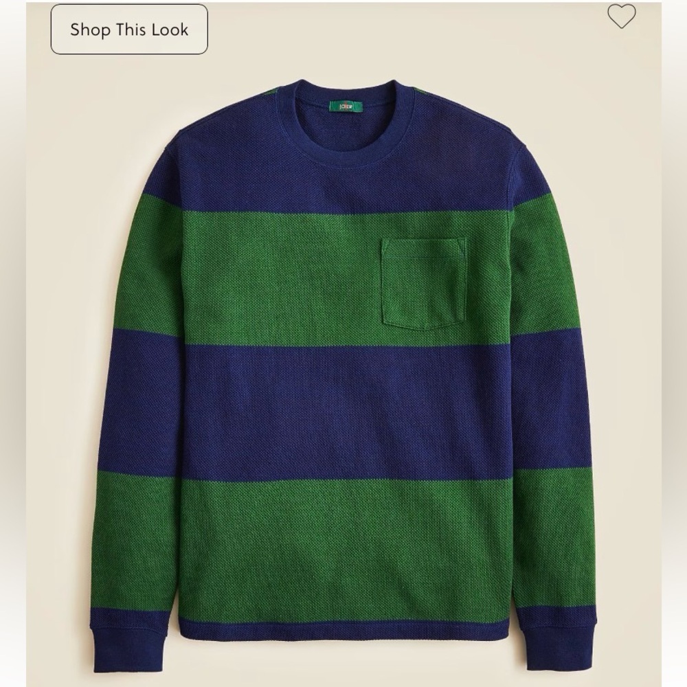 J Crew Men's Green & Navy Wide-Stripe Pique Crewneck Long Sleeve Tee
